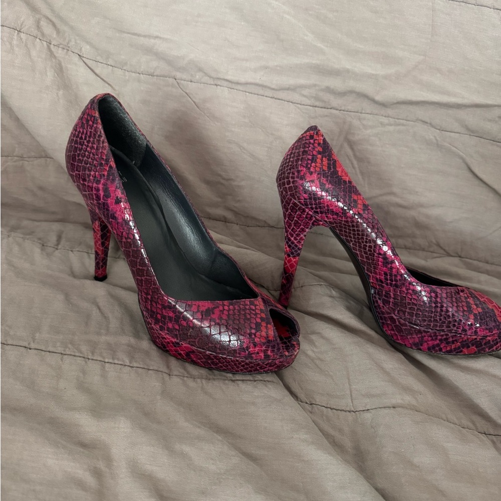 Vibrant Pink Snakeskin Peep-Toe Heels